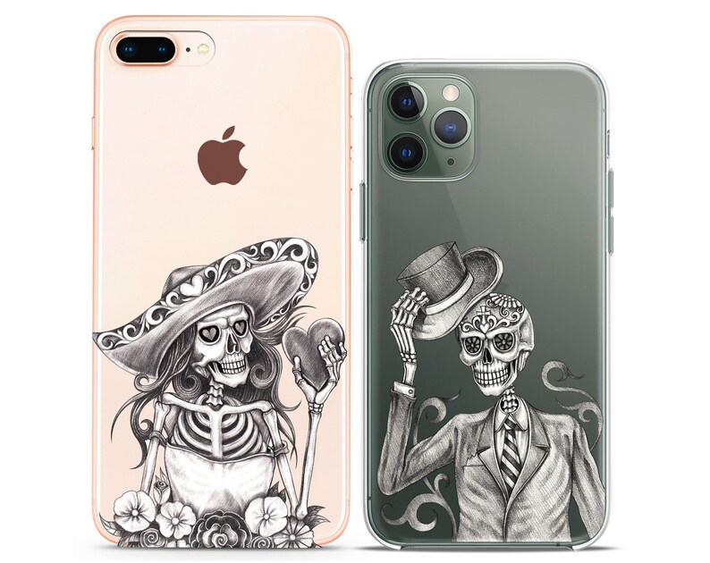 Calavera Skeletons Sugar skull Matching phone cases iPhone X couple case cell phone Xs Max 8 plus clear cover cute iPhone 11 Xr halloween 12 image 2