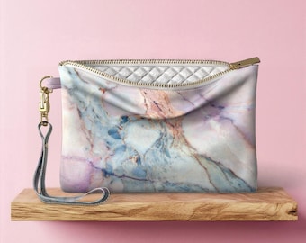 Makeup Pouch: Blue Marble Design (Vegan Leather Wristlet, Travel Size)