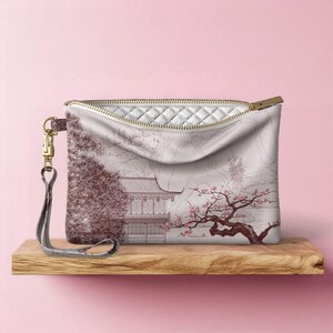 Estuche de maquillaje femenino de estilo japonés con diseño de flor de Sakura, bolso cosmético con cremallera, bolsa de viaje con muñequera, bolso tradicional de cuero orgánico del Templo Dorado.
