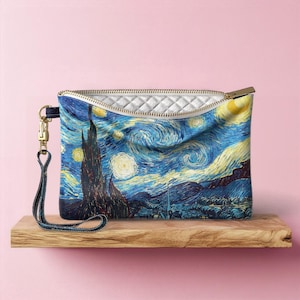 Neceser de noche estrellada Neceser de maquillaje Van Gogh Monedero de pulsera Bolso de piel ecológica Estuche de maquillaje femenino Neceser de viaje con ilustraciones famosas PU