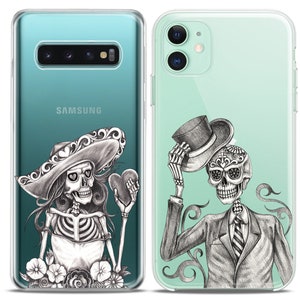 Calavera Skeletons Sugar skull Matching phone cases iPhone X couple case cell phone Xs Max 8 plus clear cover cute iPhone 11 Xr halloween 12 image 7