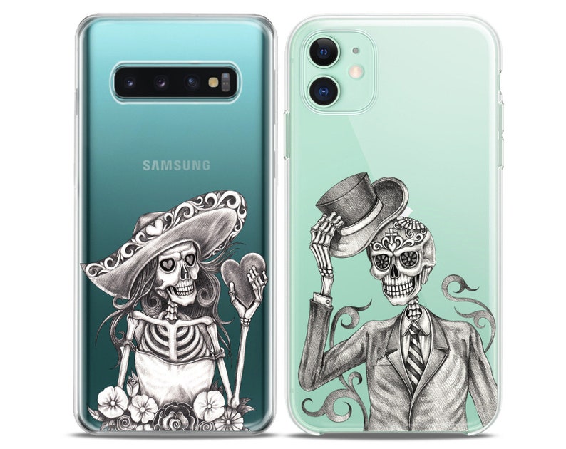 Calavera Skeletons Sugar skull Matching phone cases iPhone X couple case cell phone Xs Max 8 plus clear cover cute iPhone 11 Xr halloween 12 image 7
