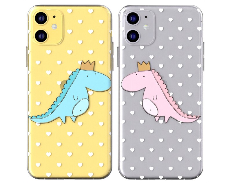 Dinosaurs in crown iphone 11 Pro Max Heart pattern 12 iphone X case Xs Max phone case iPhone 8 plus case Xr clear cover Cute couple cases 7