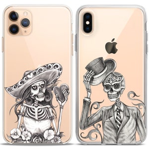 Calavera Skeletons Sugar skull Matching phone cases iPhone X couple case cell phone Xs Max 8 plus clear cover cute iPhone 11 Xr halloween 12 image 9