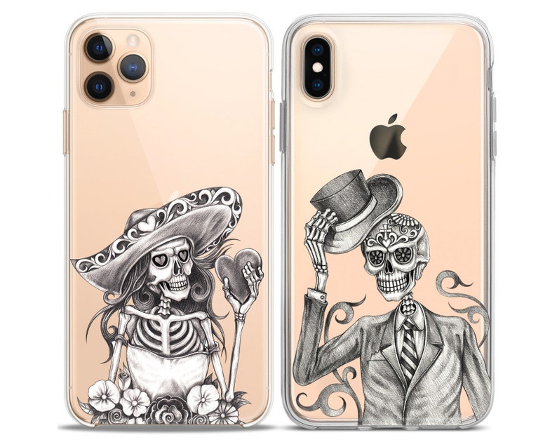 Calavera Skeletons Sugar skull Matching phone cases iPhone X couple case cell phone Xs Max 8 plus clear cover cute iPhone 11 Xr halloween 12 image 9