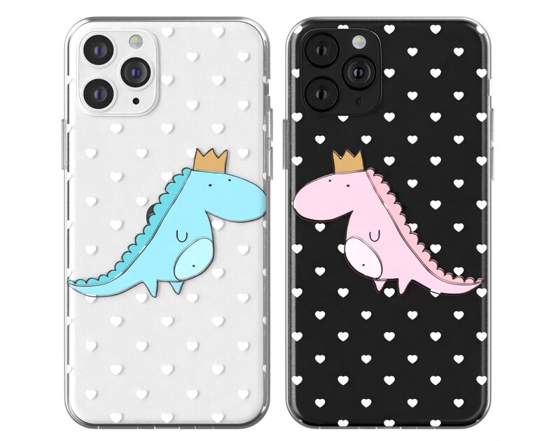 Dinosaurs in crown iphone 11 Pro Max Heart pattern 12 iphone X case Xs Max phone case iPhone 8 plus case Xr clear cover Cute couple cases 7