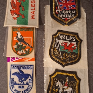 May include: A collection of embroidered patches featuring various designs, including a dragon, a bird, a horse, and a flag. The patches are packaged in clear plastic bags with a white background and the text "Badges" printed on the top.