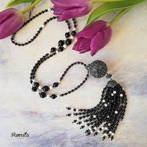 Luxury Natural Black & White Agate Tassel Necklace, Tassel Necklace, Langkette, Schwarzer Achat, Achatkette, schwarzer Schmuck, Black