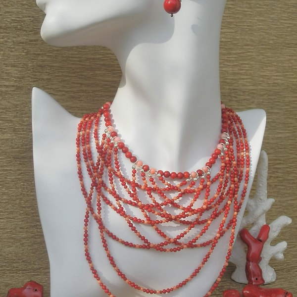 Luxuriöse natürliche rote und rosa Korallenkette aus Bambus, rote Halskette, stilvolle Halskette, Korallenkette, große Halskette, Nicht-Halskette