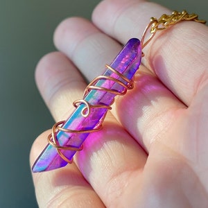Purple Flame Aura Quartz Necklace Wire Wrapped Crystal Point Rainbow Aura Quartz Aura Pendant
