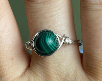 Real Malachite Crystal Rings Wire Wrap, Natural Gemstone Ring, Dainty Stackable Custom Rings, Birthstone Ring, Gift for Her