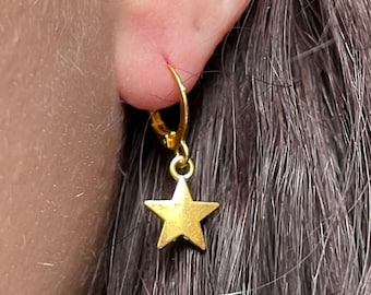 Star Hoop Earrings Minimalist Gold Star Dangle Earrings: Personalized Custom Earrings, Puffy Star Hoop Womens Girls Gift