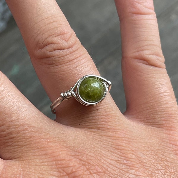 Green Tourmaline Ring, Wire Wrapped Ring, Gemstone Ring, Protection Ring, Heart Chakra Ring