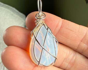 Opalite Crystal Necklace, Wire Wrapped Opalite Pendant, Blue Opalite Stone Necklace, Healing Crystal Jewelry, Moon Glow Gemstone Gift