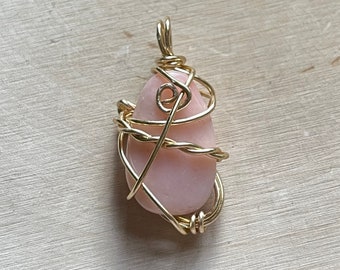 Natural Pink Opal Crystal Necklace, Wire Wrapped Gemstone Birthstone Pendant, Pink Opal Birthday Gifts