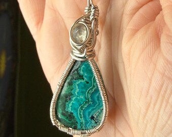 Malachite Necklace, Sterling Silver Wire Wrapped Crystal, Pendant Necklace, Protection Healing Crystals, Rock Jewelry, Intricate Design