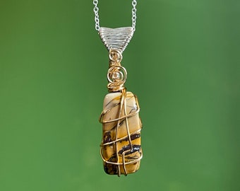 Jasper Crystal Necklace, Stress Relief Stone Jewelry, Wire Wrapped Jewelry for Healing, Mookaite Jasper Necklace Yellow Stone