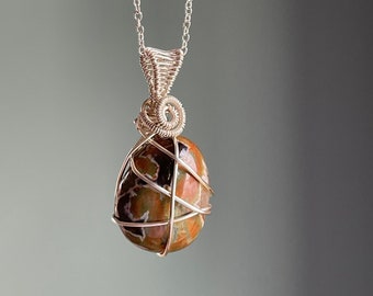 Rhyolite Jasper Crystal Healing Necklace, Wire Wrapped Rhyolite Pendant, Handmade Wire Wrap Woven Artisan Necklace