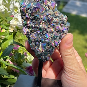 Aura Quartz Cluster on Stand, Rainbow Crystals Display with Stand, Amethyst Healing Decor Gift