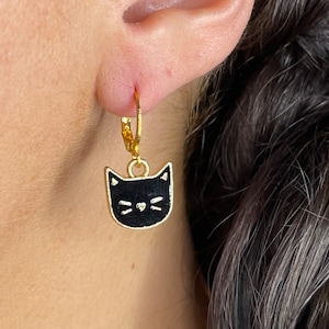 Cat Hoop Earrings, Black Cat Huggie Earrings, Gifts for Mom, Dangle Earrings, Unique Gift