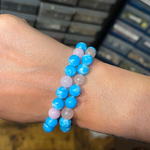 Rose Quartz Larimar Crystal Bracelet, Cotton Candy Colorful Healing Bracelet, Natural Stone Jewelry