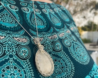 Rainbow Moonstone Stone Pendant Necklace,  Healing Crystal Wire Wrap, Inner Balance Inner Growth, Healing Gemstone