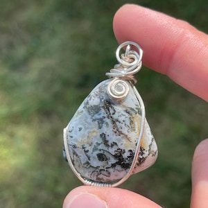 Moss Agate Crystal Pendant Necklace, Heart Chakra Wire Wrapped Moss Agate Gemstone, Womens Necklace Gift