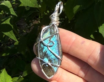 Blue Flash Labradorite Pendant, Color Changing Stone Sterling Silver Plated Wire Wrapped Necklace