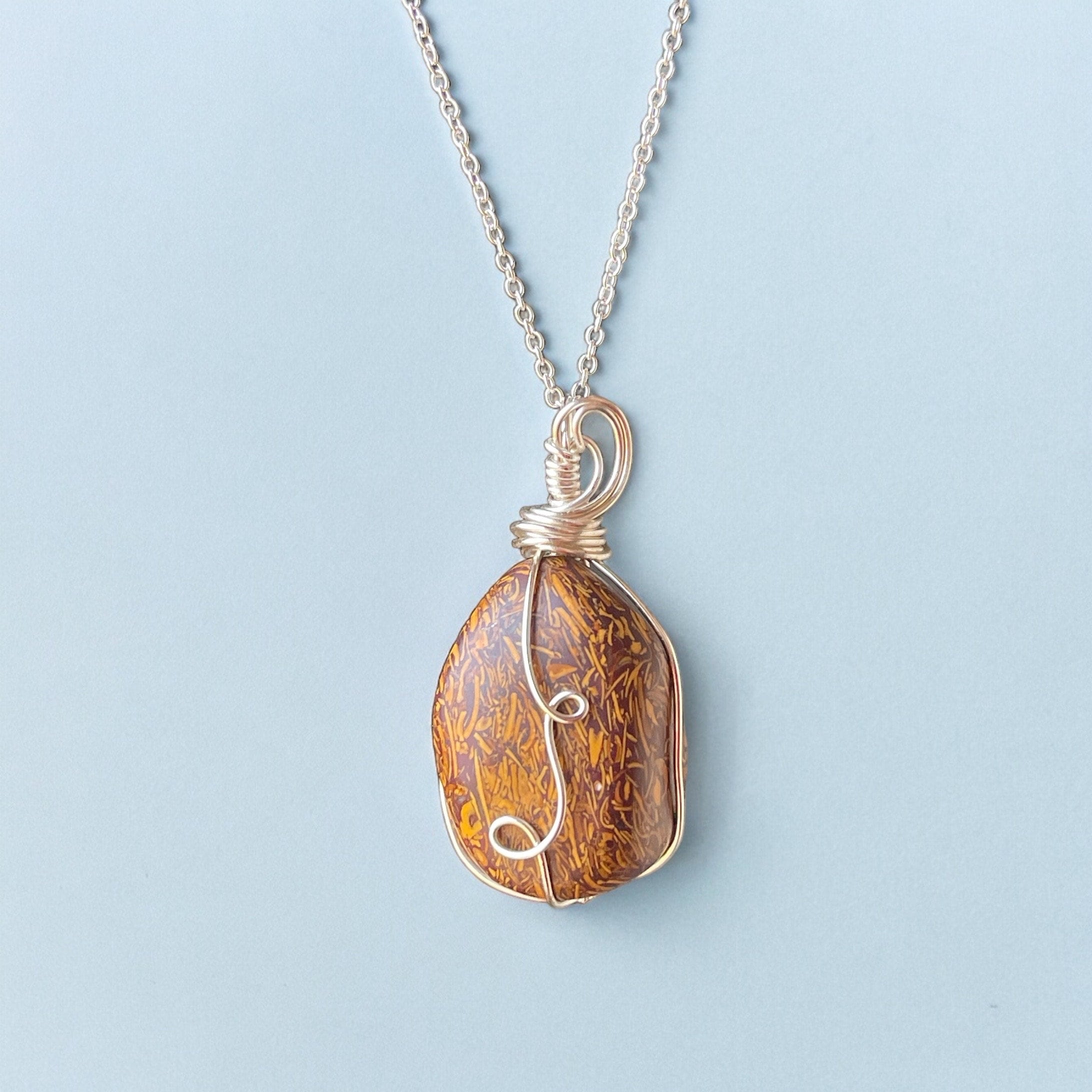Calligraphy Jasper Necklace, Sterling Silver Plated Wire Wrapped Pendant
