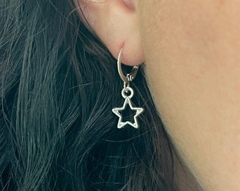 Star Hoop Earrings, Star Huggie Earrings, Dangle Earrings Gift for Mom - Small & Dainty Jewelry Sterling Silver Hooks