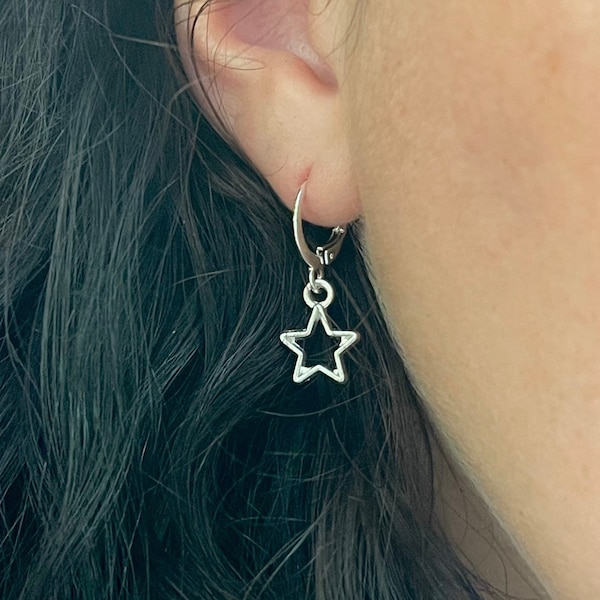 Star Hoop Earrings, Star Huggie Earrings, Dangle Earrings Gift for Mom - Small & Dainty Jewelry Sterling Silver Hooks