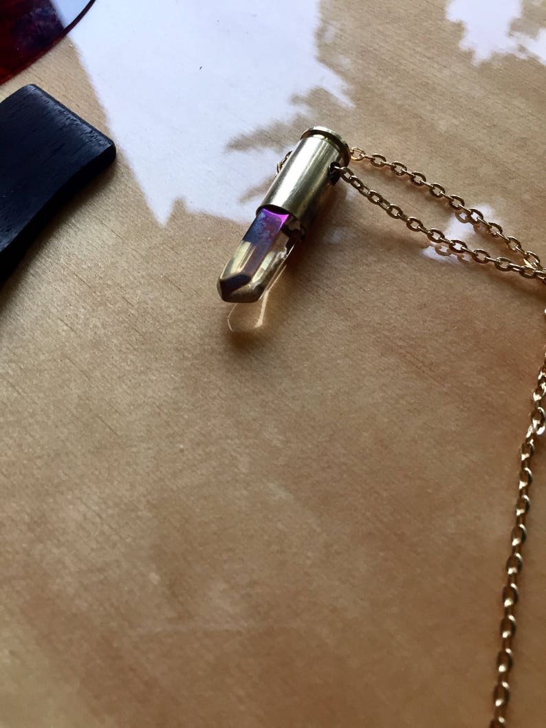 Ammo Necklace Brass Crystal Ammo Pendant Quartz Point Ammo Jewelry Titanium Necklace Crystal Bullet Necklace Bullet Canister Necklace