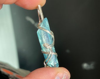 Aqua Aura Crystal Necklace, Sterling Silver Blue Aura Quartz Pendant, Gift For Her