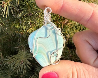 Blue Aragonite Stone Pendant, Silver Wire Wrapped Gemstone for Peace