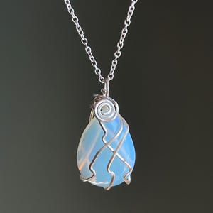 Opalite Necklace, Crystal Glass Pendant Necklace, Wire Wrapped Stone, Silver Opalite Jewelry
