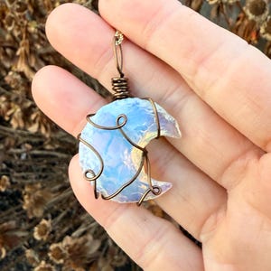Opalite Moon Stone Necklace, Bronze Wire Wrapped Moon Carving Crystal Pendant, Opalite Jewelry, Handmade Gifts for Christmas