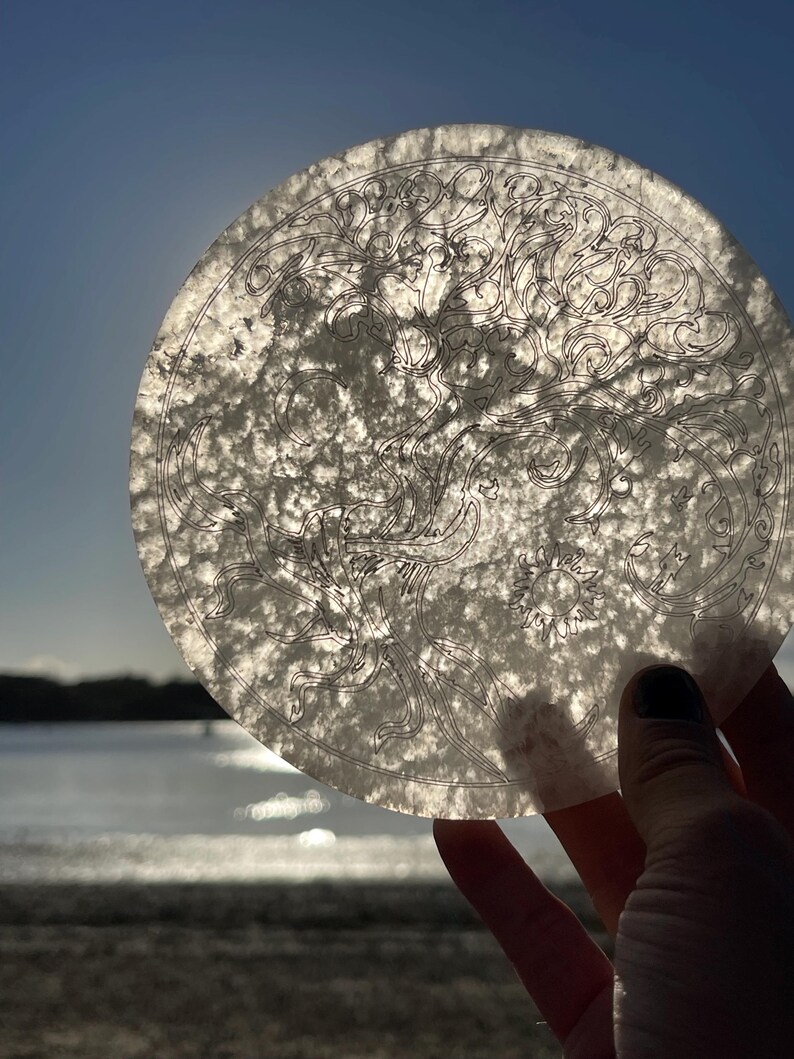 5.6 Beautiful Selenite Charging Plate With Tree of Life Sun Moon
