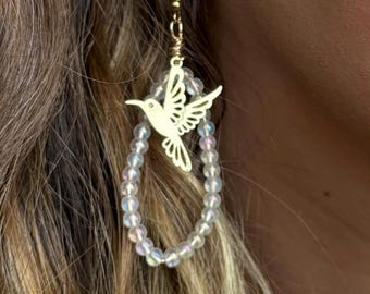 Humming Bird Beaded Gold Hoop Earrings