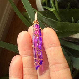 Purple Flame Aura Quartz Necklace Wire Wrapped Crystal Point Rainbow Aura Quartz Aura Pendant