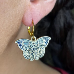 Blue Butterfly Earrings, Butterfly Moth Earrings, Gold Dangle Earrings, Custom Earrings, Stainless Steel Earrings, Blue & Gold Earrings