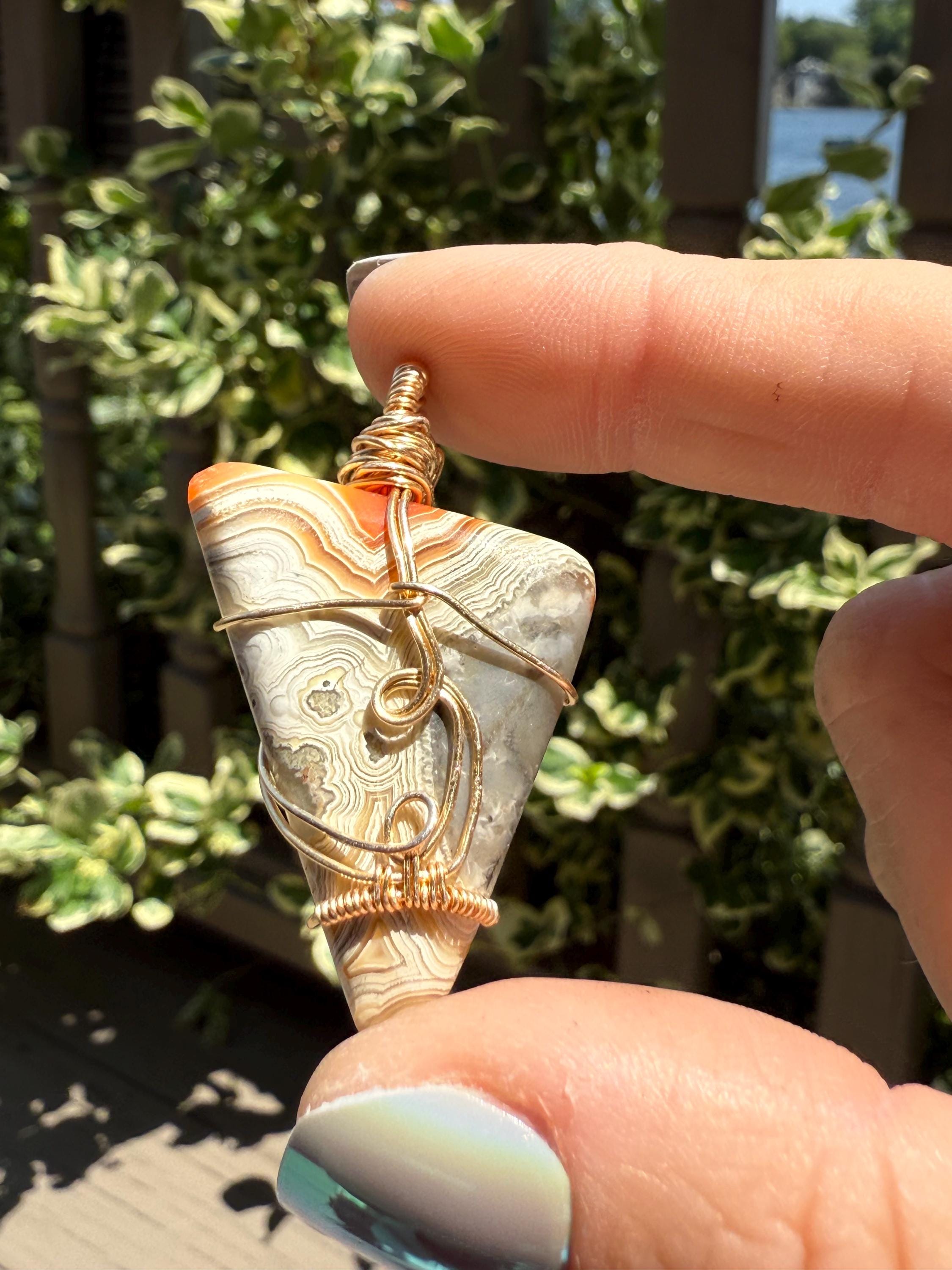 agateチャーム Crazy Lace Agate Necklace, Orange Banded Agate Pendant, Wire