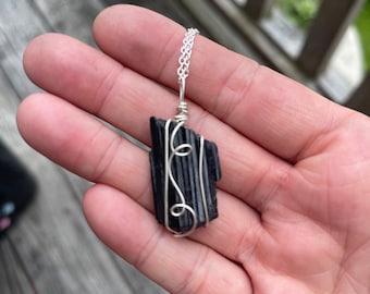 Handmade Raw Black Tourmaline Crystal Necklace, Sterling Silver Wire Wrap