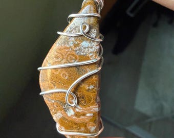 Natural Ocean Jasper Necklace, Orbicular Jasper Pendant, Wire Wrap Stone Necklace