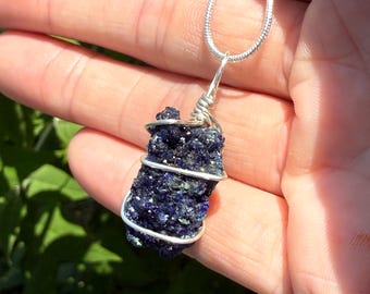 Dark Navy Azurite Malachite Necklace in Silver, Silver Plated Wire Wrapped Natural Mineral Pendant, Transformation