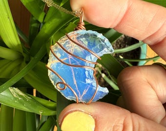 Opalite Moon Stone Necklace, Copper Wire Wrapped Moon Carving Crystal Pendant, Opalite Jewelry, Handmade Gifts for Christmas