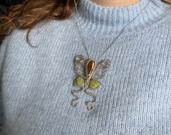 Dendritic Opal Silver Luna Moth Butterfly Pendant Statement Necklace with Green Opal Crystals, Butterfly Necklace