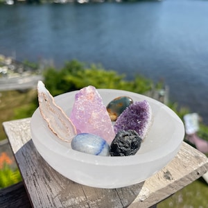 Slight Defect Natural Selenite Bowl Round Dish Charging Bowls 4 inch Damaged* Crystal Cleansing Display Holder Chakra Cleansing Meditation