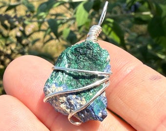 Azurite Malachite Necklace in Silver, Silver Plated Wire Wrapped Natural Mineral Pendant, Transformation