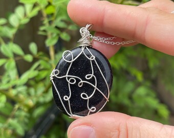 Blue Goldstone Necklace Sparkly Crystal Wrapped Pendant Sterling Silver Plated Jewelry Protection + Positivity