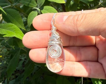 Natural Clear Quartz Teardrop Spiral Pendant, Clear Quartz Necklace Sterling Silver Pendant Jewelry Crown Chakra Stone Clarity Healing